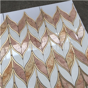 White Red Marble Leaf Design Brass Waterjet Mosaic Wall Tile