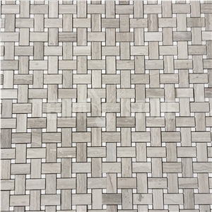 White Wood Marble Basketweave With White Dots Mosaic Tile