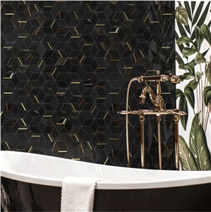 Natural Black Marble With Golden Metal Mosaic Wall Tile