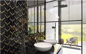 Natural Black Marble With Golden Metal Mosaic Wall Tile
