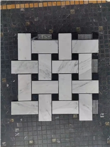 Carrara White Marble 2"X 4" Basketwave Mosaic With Black Dot