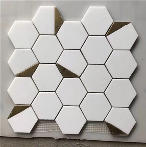 Pure White Hexagon Mosaic Marble With Brass Waterjet Mosaic