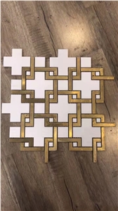 Pure White Square Mosaic With Brass Dot Waterjet New Mosaic