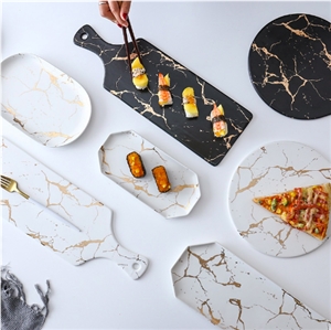 Natural White Marble Tea Tray Handle Plate Kitchen Decor