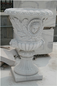 Large Size White Marble Marble Planter Pot With Sculpture