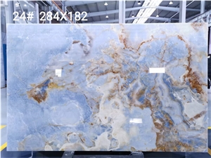 Blue Onyx Backlit Slabs Tiles With White And Yellow Veins