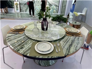 Brass Restaurant Dining Table Green Marble Hotel Funiture