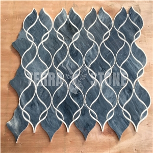 Waterjet Blue Glass With White Marble Ribbon Mosaic Tile