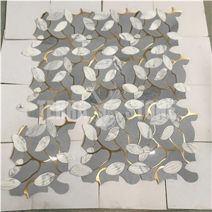 Bardiglio Grey And White Marble Mosaic Waterjet Brass Tile