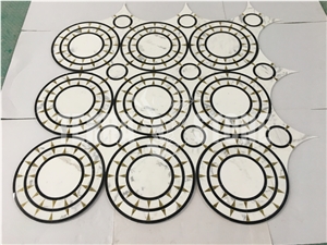 Black White Marble With Gold Glass Round Waterjet Mosaic