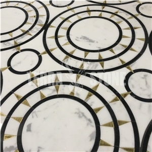 Black White Marble With Gold Glass Round Waterjet Mosaic