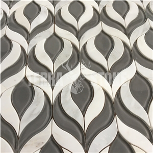 Botanica Waterjet Tile Clear Grey Glass White Marble Mosaic