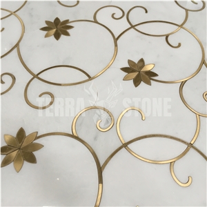 Brass Inlay Flower Pattern Waterjet Marble Mosaic Tile