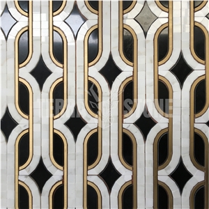 Calacatta Gold Marble Waterjet Mosaic With Brass Inlay Tile