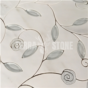 Glass Leaves Waterjet Marble Mosaic Blue Flower Inlay Tile