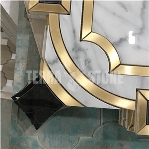Italy Statuario White Marble With Brass Waterjet Mosaic Tile