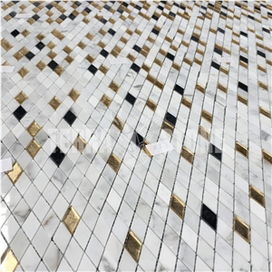 Small Rhombus White Carrara Black Gold Marble Mosaic Tile