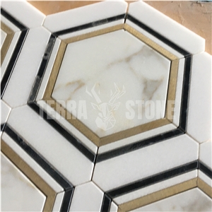 Waterjet Marble Mosaic Hexagon Tile White Marble And Brass