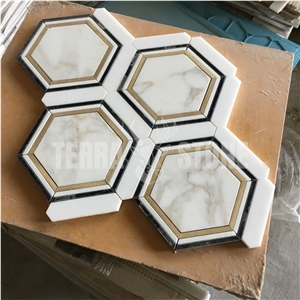 Waterjet Marble Mosaic Hexagon Tile White Marble And Brass