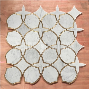 Waterjet Marble Mosaic Tile Carrara White With Gold Brass