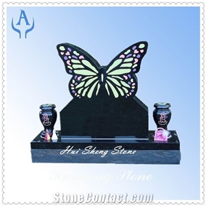 G633  Butterfly Designed Polished Grey Granite Headstone