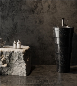 Freestanding Black Marble Hand Wash Basin With Pedestal
