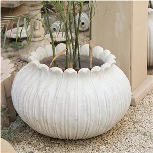 White Stone Carved Round Water Flower Pot