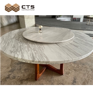 Swivel Two Tier Dining Table Made Of Volakas White Marble