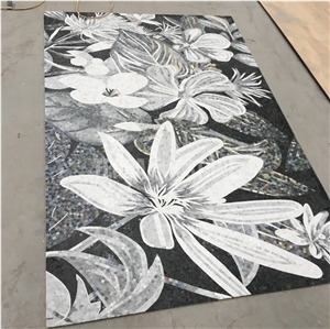 Flower Design White And Black Marble Flooring Mosaic Carpet