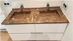 Fossilized Marble-Fossil Brown Marble Bathroom Top With Double Wash Basins