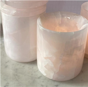 Natural Stone Pink Onyx Candle Holder W Lids For Home Decor