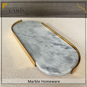 Natural Carrara White Tray Glossy Surface With Metal Holder