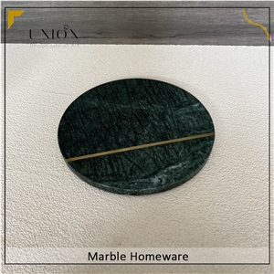 Round Marble Tray Green Food Plates With Brass Strip