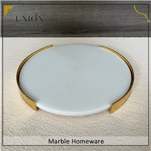 Round Marble Tray With Metal Holder Kitchen Serving Tray