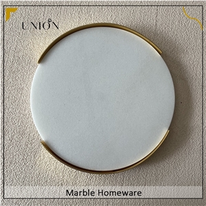 Round Marble Tray With Metal Holder Kitchen Serving Tray