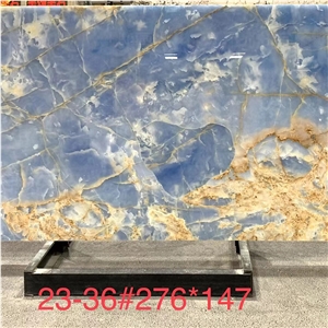 Natural Blue Onyx Marble Slab Bookmatch Translucent For Wall