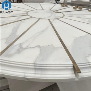 Round Natural White Marble Table Top With Brass For Home