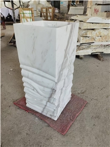 Carved Solid Stone Pedestal Basin Marble Volakas Square Sink