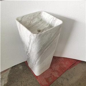 Solid Stone Pedestal Wash Basin Marble Volakas Square Sink