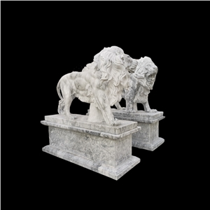 White Marble Carving Lions Sculpture With Square Bases