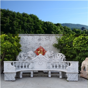 White Marble Long Curved Carving Garden Bench
