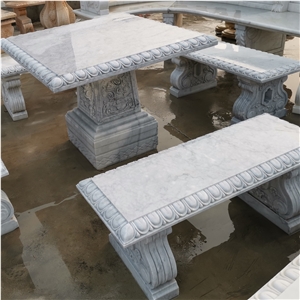 White Marble With Grey Vein Table With Seats For Garden