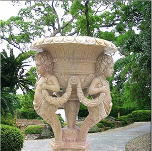 Sculptured Beige Limestone Planters & Vases