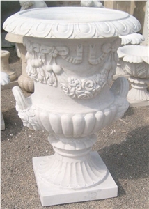 White Marble Round Hand Carved Relief Flower Pot & Planters