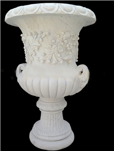 White Marble Round Hand Carved Relief Flower Pot & Planters