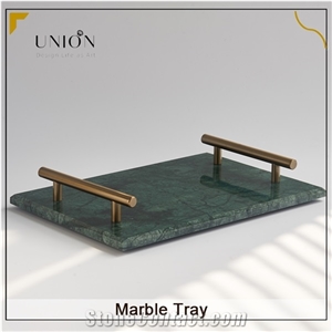 UNION DECO Natural Dark Green Marble Tray With Metal Handles