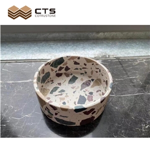Terrazzo Artificial Stone White Pet Bowl Colorful Particle