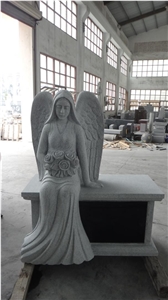 Carved Sitting Angel Monument Grey Granite Upright Headstone