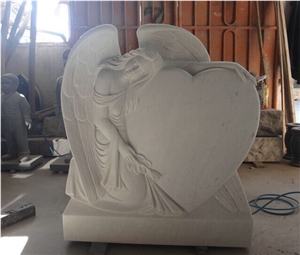 Marble Sculptured Angel Holding Heart Upright Headstone