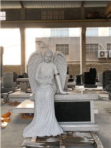 Marble Sculptured Angel Holding Heart Upright Headstone